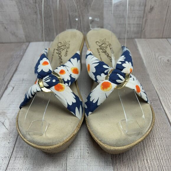 Island Slipper Hawaii Women's Wedge Sandals Floral Tropical Navy White Size 6 - Picture 4 of 12